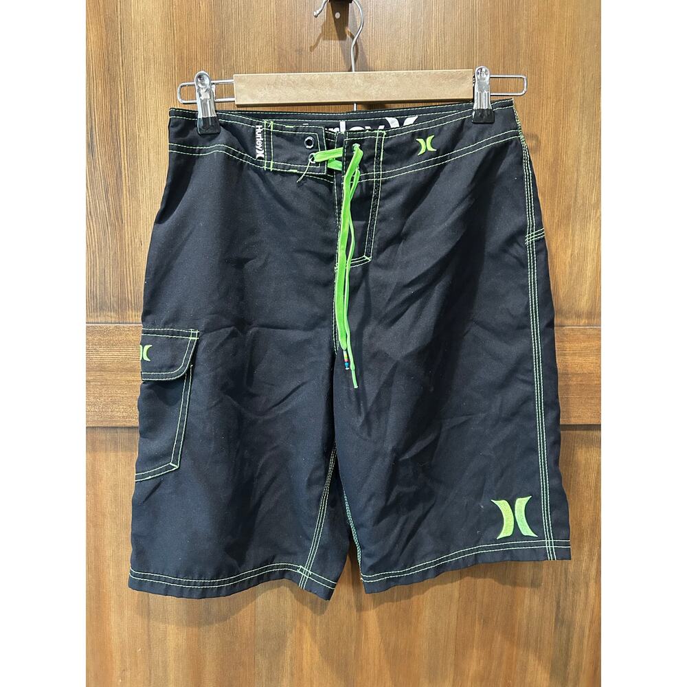 Hurley Swim Trunks‎ Men's Teens Boy's Black Green Short Surf Ski Size 27 (10")